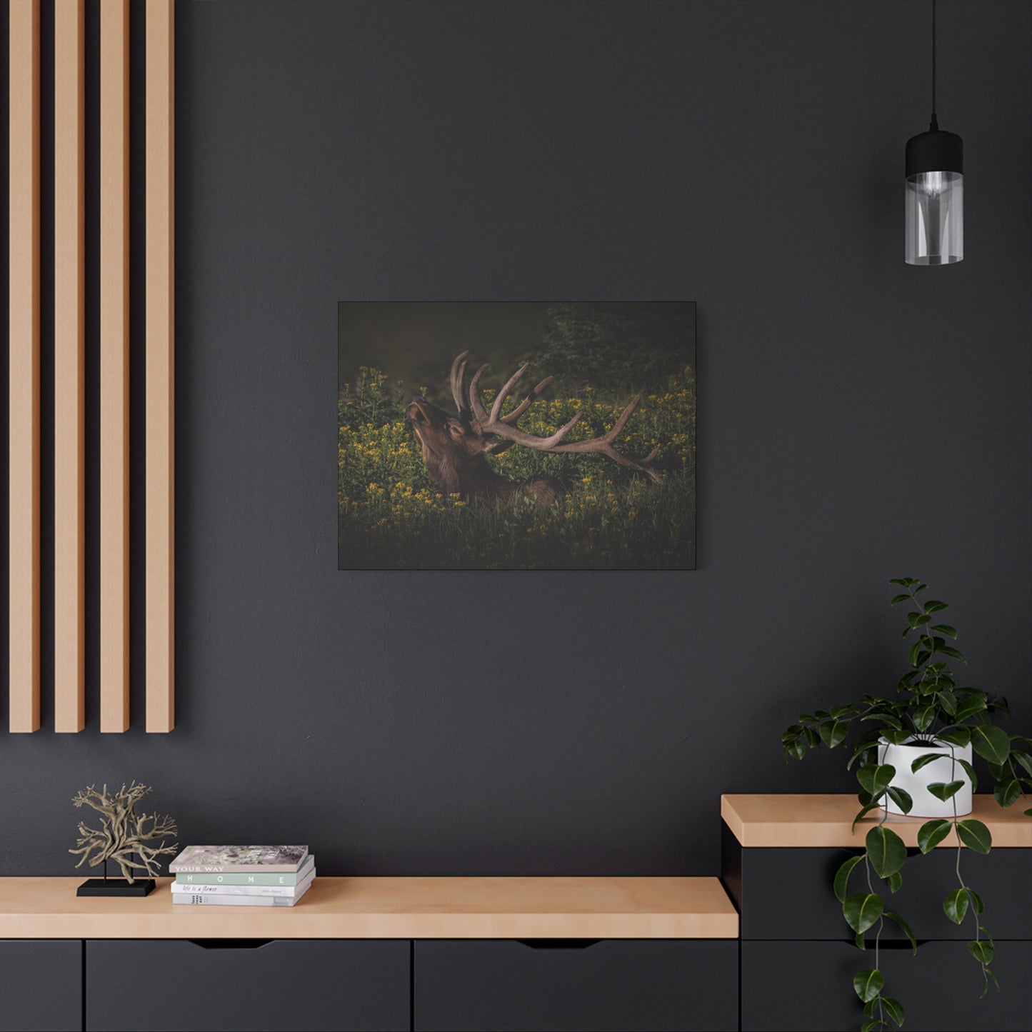 SUNFLOWER SUNBATH BULL ELK STRETCHED CANVAS PRINT