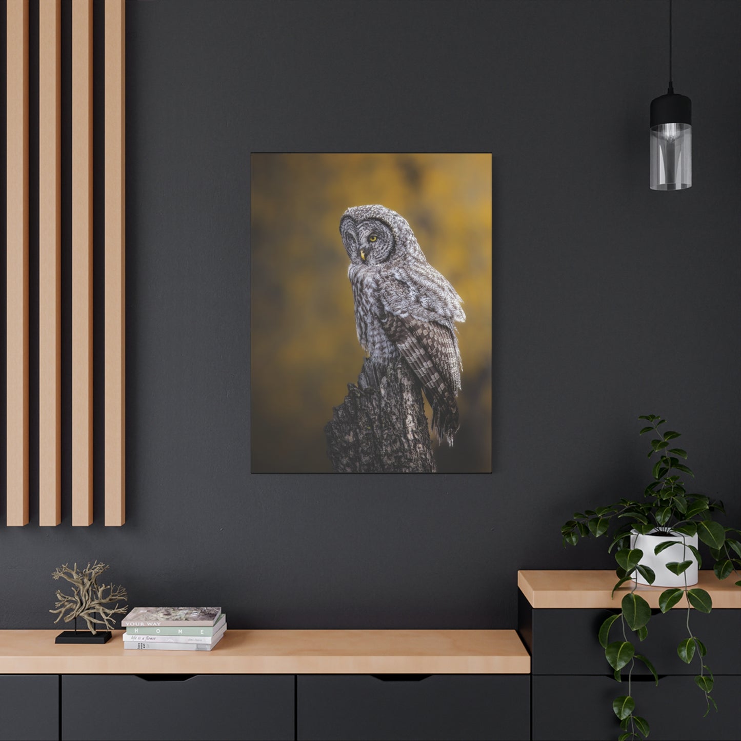 THOUGHTFUL GREAT GREY OWL STRETCHED CANVAS PRINT