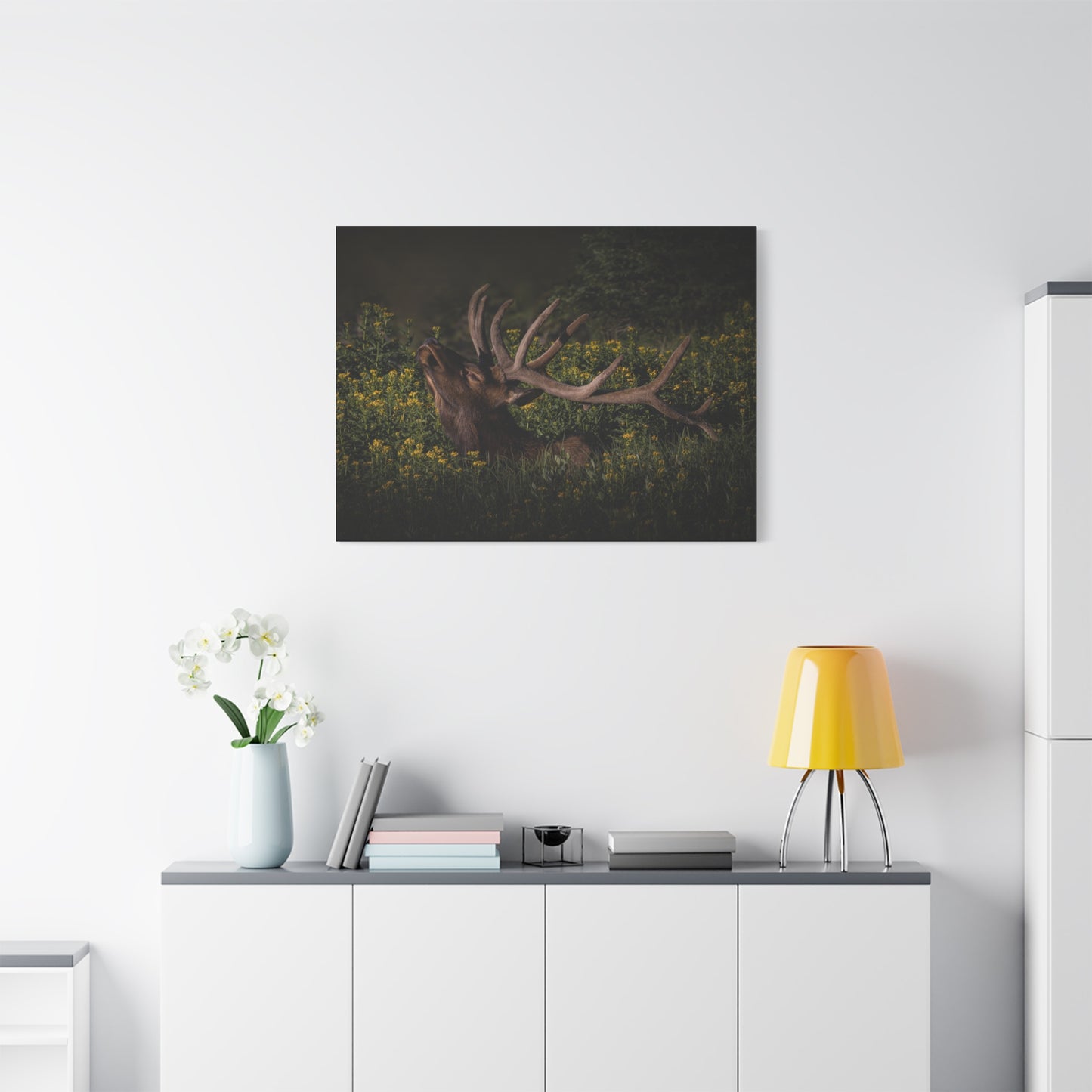 SUNFLOWER SUNBATH BULL ELK STRETCHED CANVAS PRINT