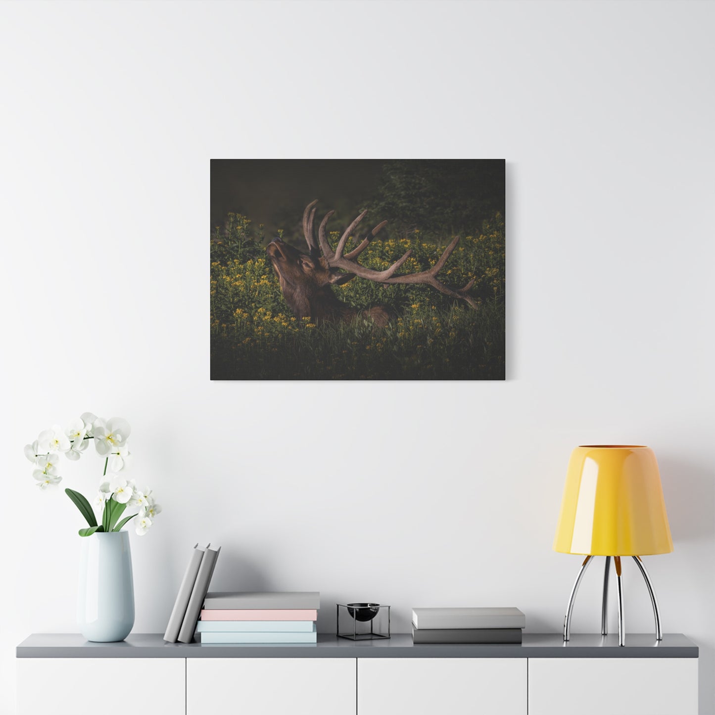 SUNFLOWER SUNBATH BULL ELK STRETCHED CANVAS PRINT