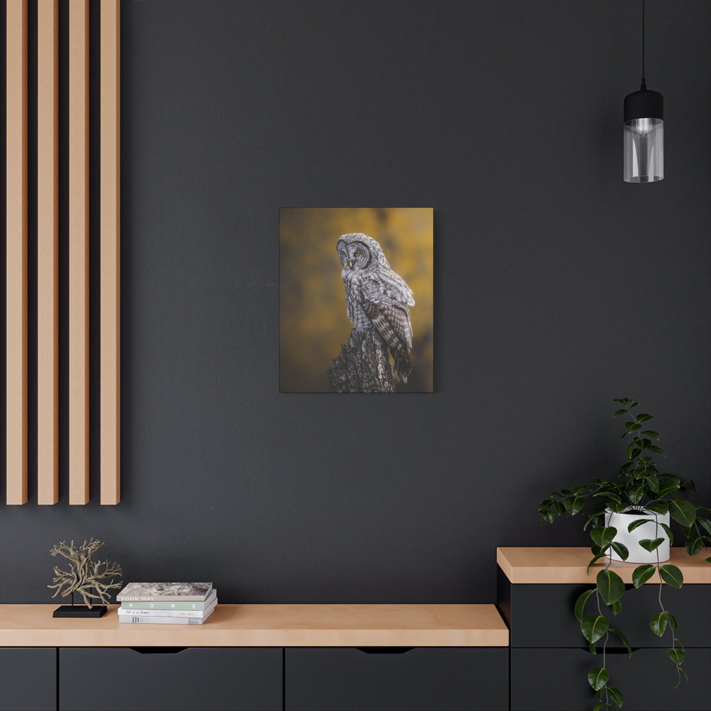 THOUGHTFUL GREAT GREY OWL STRETCHED CANVAS PRINT
