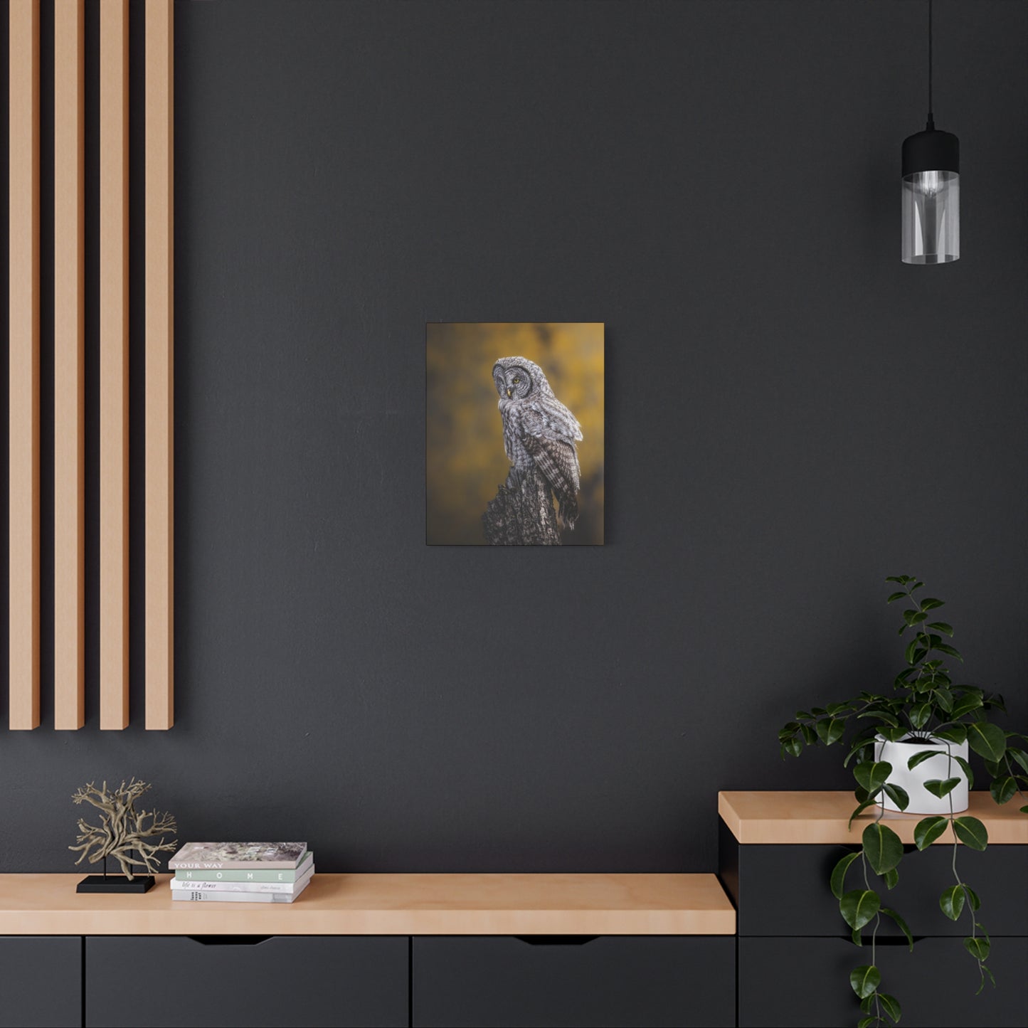 THOUGHTFUL GREAT GREY OWL STRETCHED CANVAS PRINT
