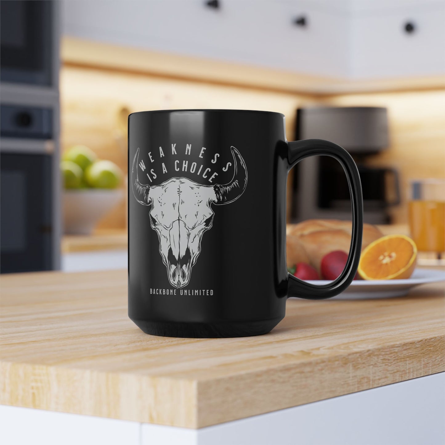 WEAKNESS IS A CHOICE BISON SKULL CERAMIC MUG