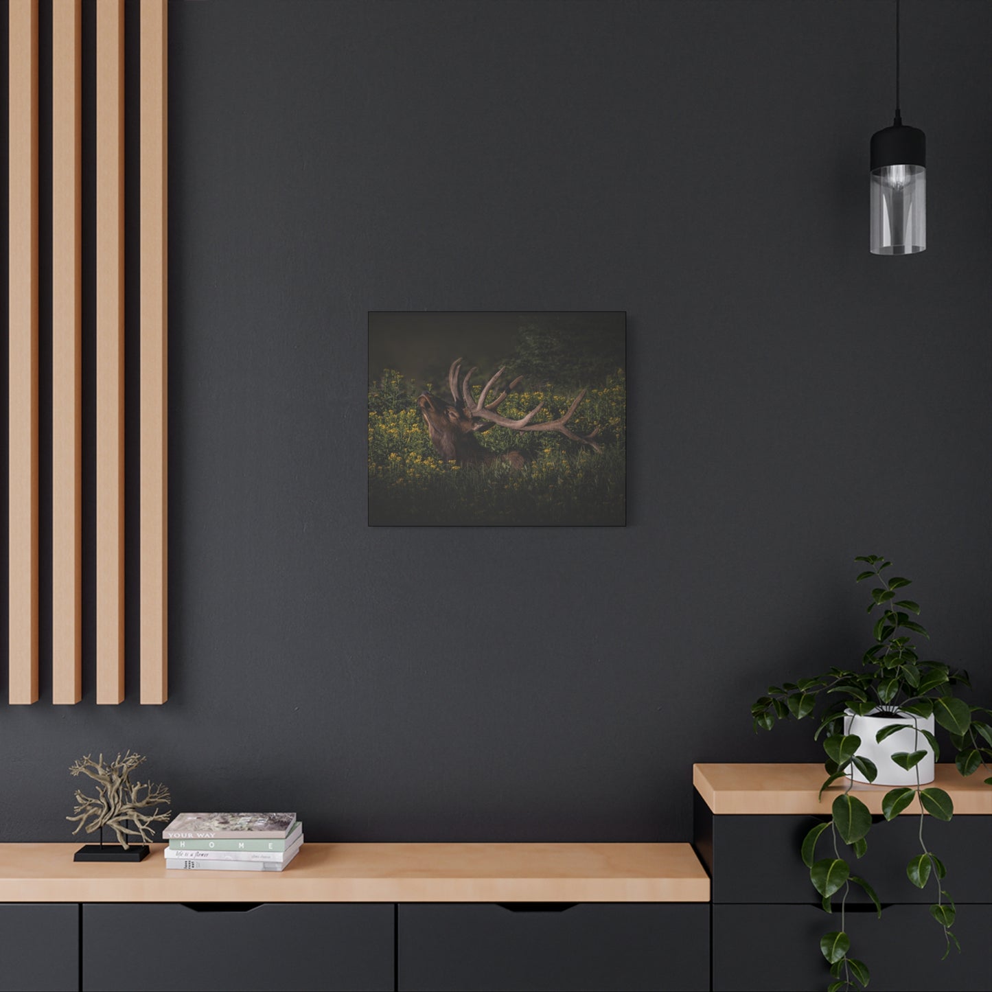 SUNFLOWER SUNBATH BULL ELK STRETCHED CANVAS PRINT