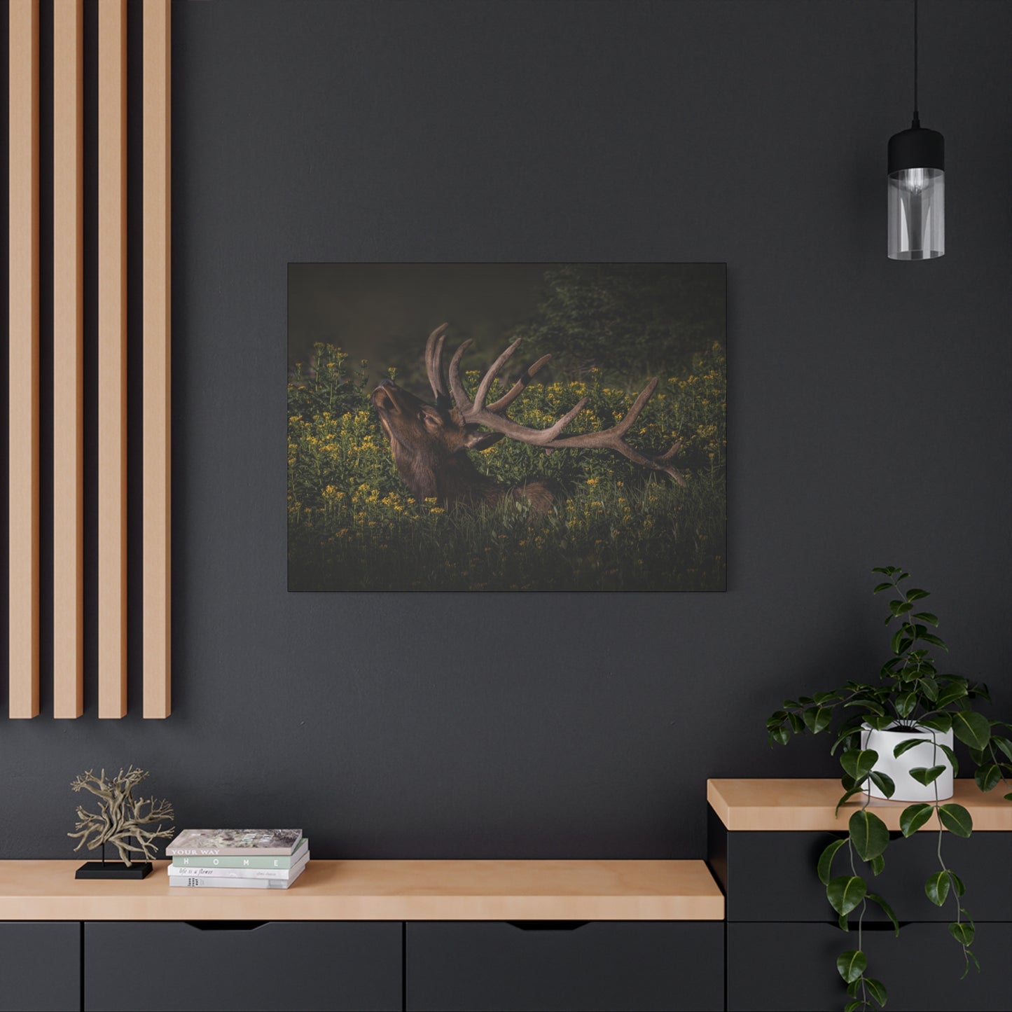 SUNFLOWER SUNBATH BULL ELK STRETCHED CANVAS PRINT